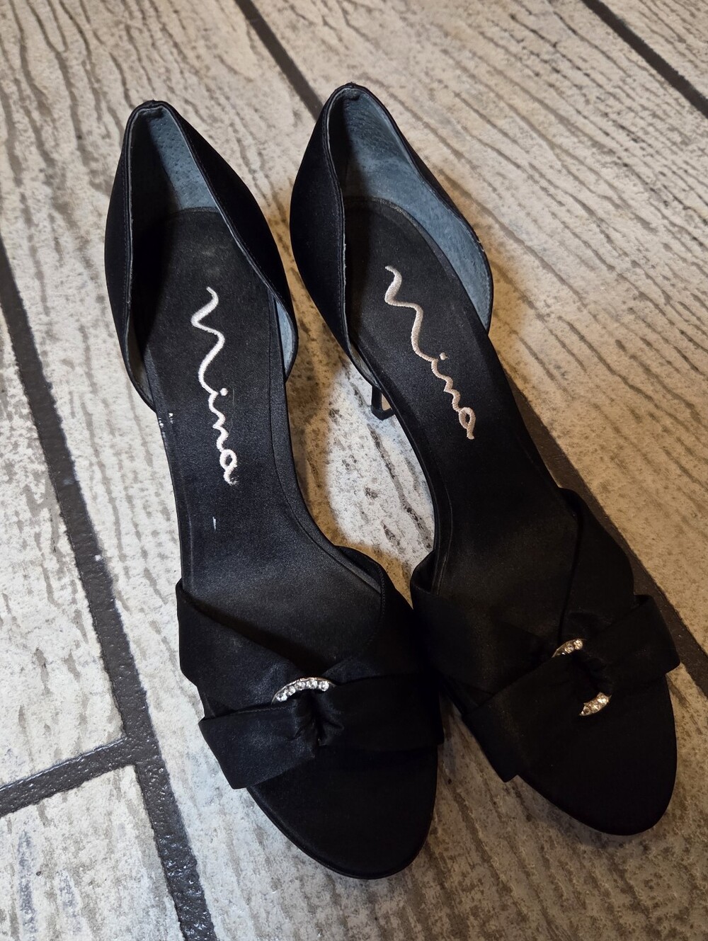 Nina Black Satin D'Orsay Heels with Knotted Rhinestone Accent Leather
